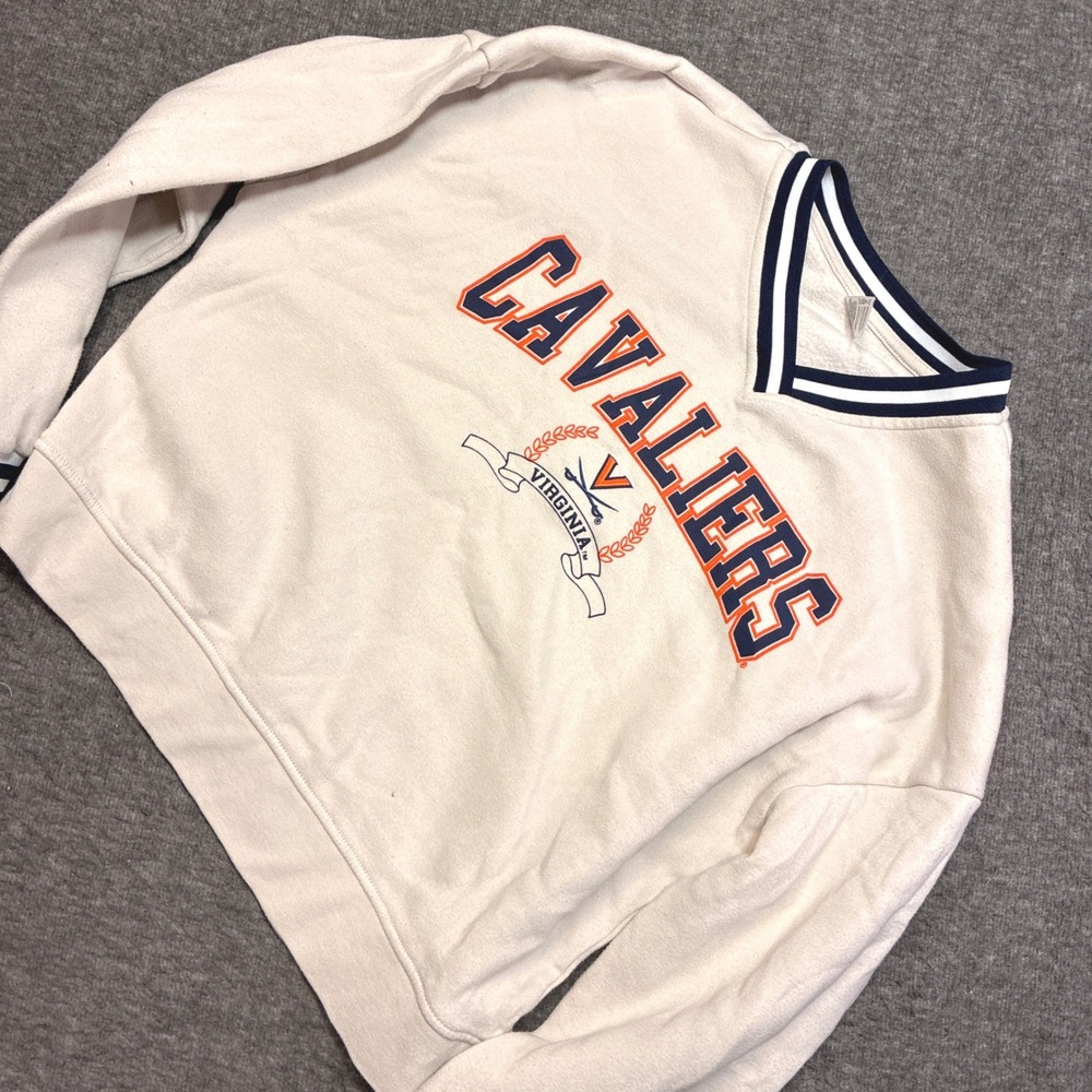 Liv Casual Virginia Cavaliers Sweatshirt Women Small Cream V-Neck Striped Trim